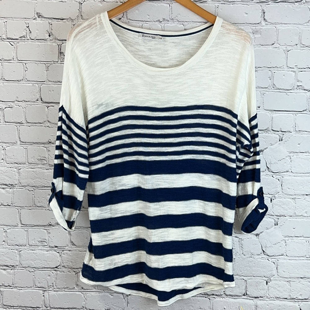REVOLUTION Top Navy & White Stripes Cotton Blend Size L
